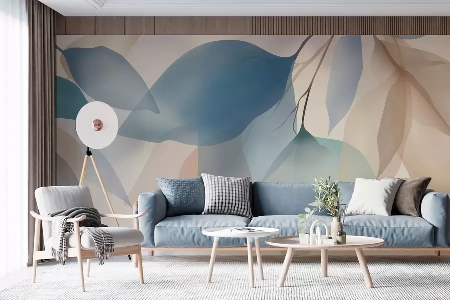 fototapeter elegante, halvtransparente blader i nyanser av blått og beige w05060