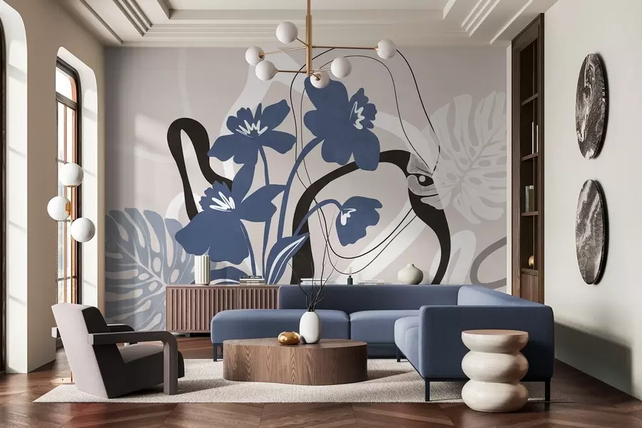 fototapeter Abstrakte blå blomster med hvite og svarte former mot en lys beige bakgrunn, minimalistisk kunst w09645