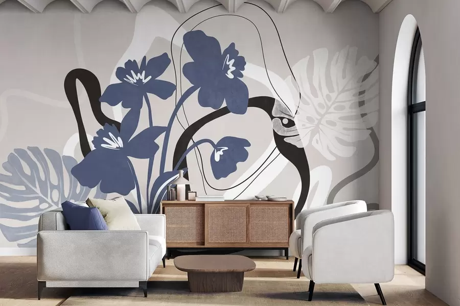 fototapeter Abstrakte blå blomster med hvite og svarte former mot en lys beige bakgrunn, minimalistisk kunst w09645
