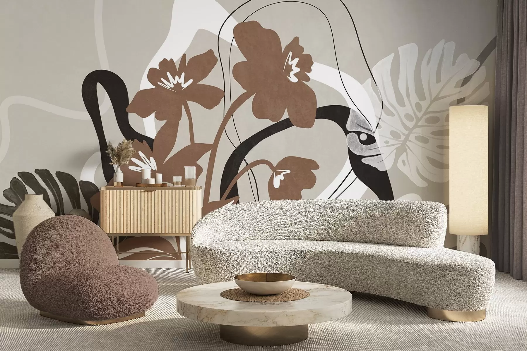 fototapeter Abstrakte, strukturerte brune blomster med hvite og svarte former mot en beige bakgrunn, minimalistisk kunst w09645v1