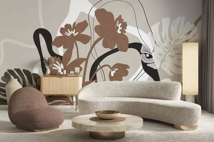 fototapeter Abstrakte, strukturerte brune blomster med hvite og svarte former mot en beige bakgrunn, minimalistisk kunst w09645v1