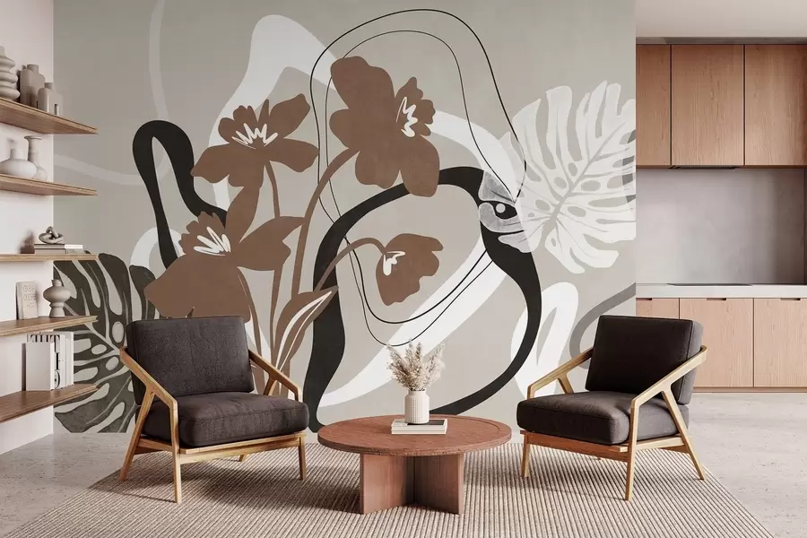 fototapeter Abstrakte, strukturerte brune blomster med hvite og svarte former mot en beige bakgrunn, minimalistisk kunst w09645v1