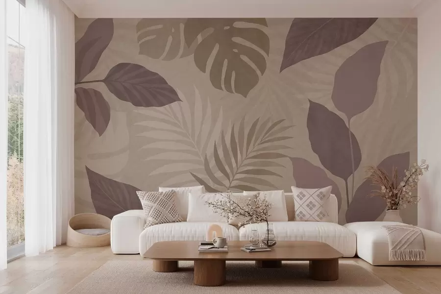 fototapeter strukturerte tropiske blader på sandbakgrunn w05063