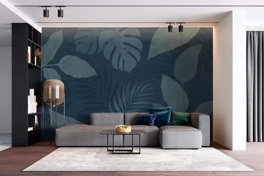 fototapeter strukturerte tropiske blader på mørkeblå bakgrunn w05063v3