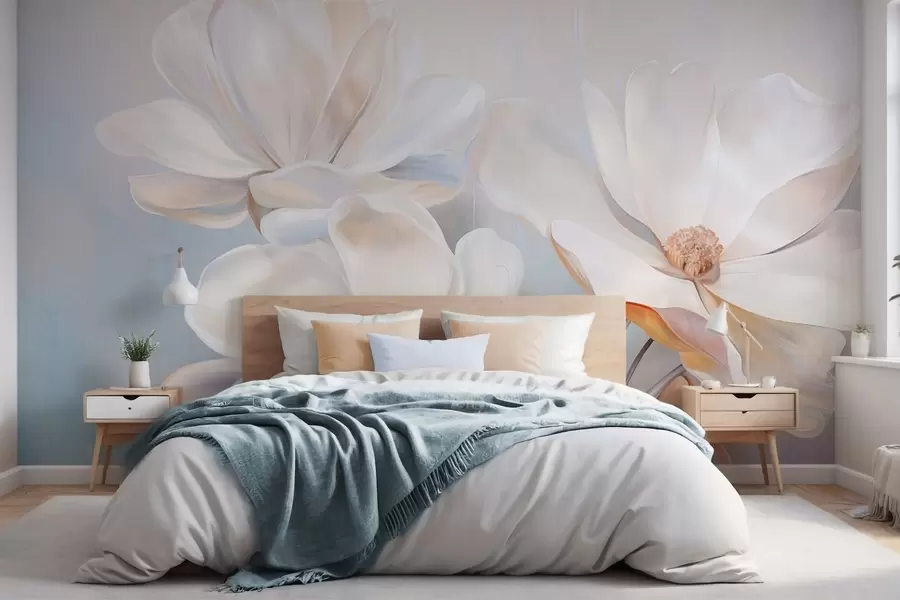 fototapeter Hvite fantasifulle magnoliablomster med delikate, strukturerte kronblader og en myk, abstrakt bakgrunn. w09373