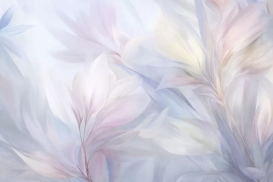 fototapeter Myke, pastellfargede blader og fjær i nyanser av rosa, blått og gult, abstrakt og strukturert trykk w09634