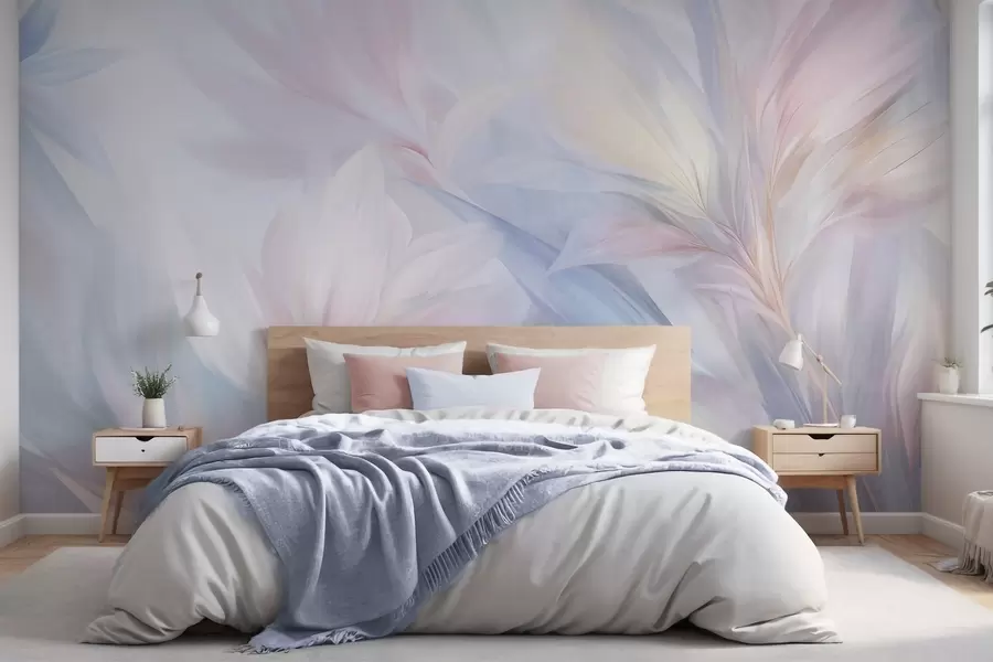 fototapeter Myke, pastellfargede blader og fjær i nyanser av rosa, blått og gult, abstrakt og strukturert trykk w09634