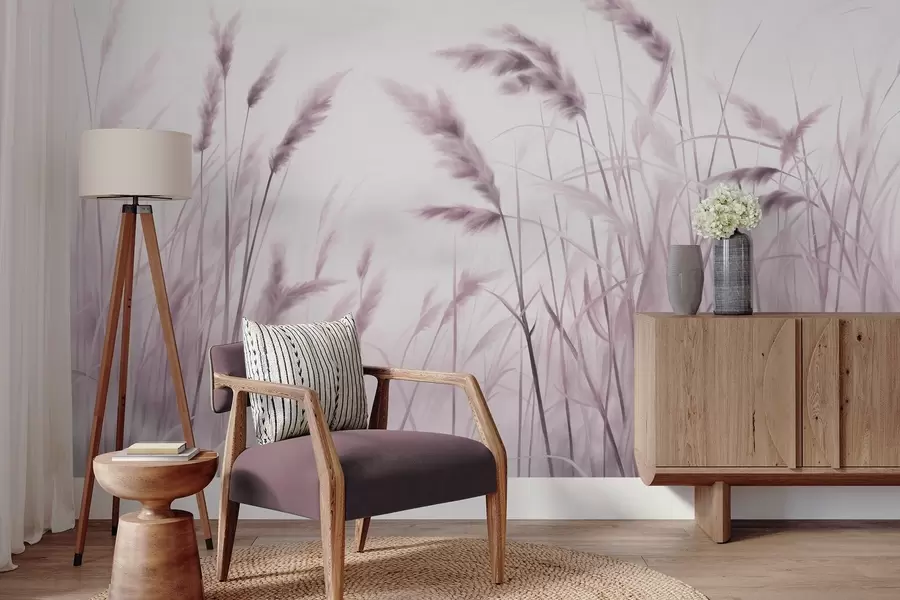 fototapeter Høyt, strukturert tørt gress med hvetekorn på åkeren mot en myk, blek bakgrunn w09648v2