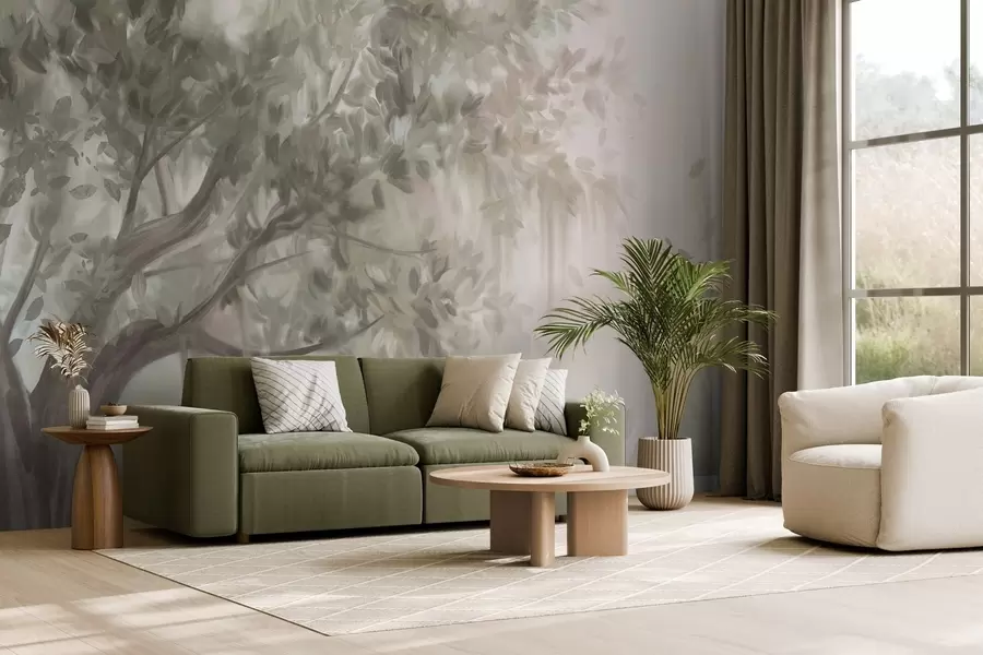 fototapeter Teksturert tre med lysegrønne blader og grener, med en myk, disig bakgrunn w09650