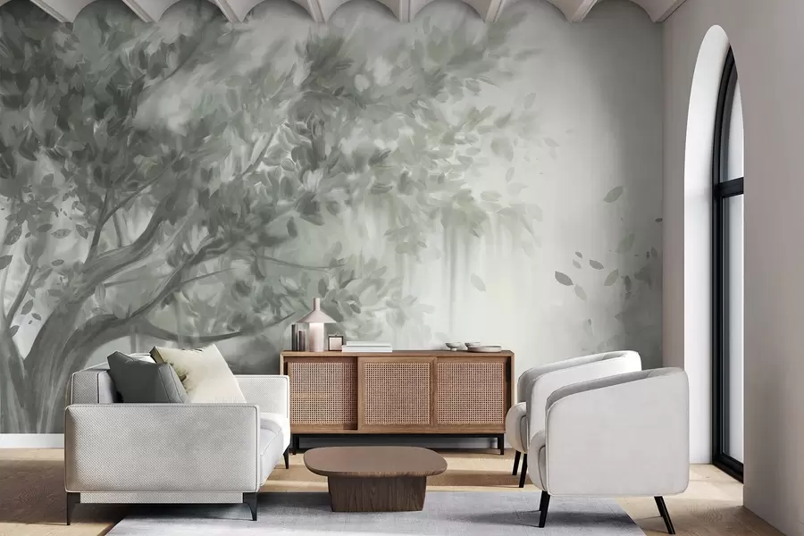 fototapeter Teksturert tre med grønne blader og grener, med en myk, disig bakgrunn w09650v1