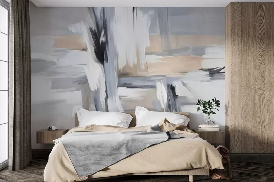 fototapeter Abstrakt teksturert malestil med penselstrøk i nyanser av hvitt, grått og beige w09651