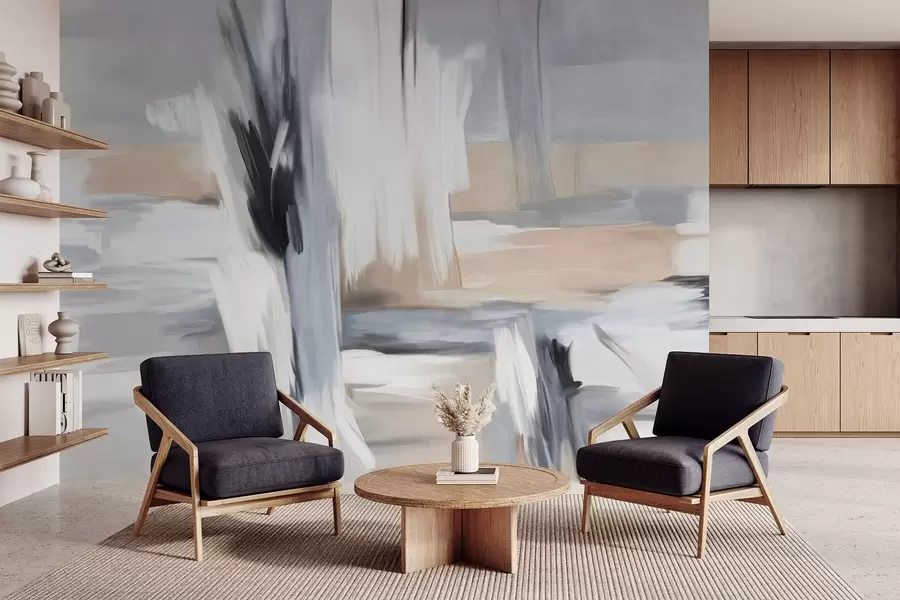 fototapeter Abstrakt teksturert malestil med penselstrøk i nyanser av hvitt, grått og beige w09651