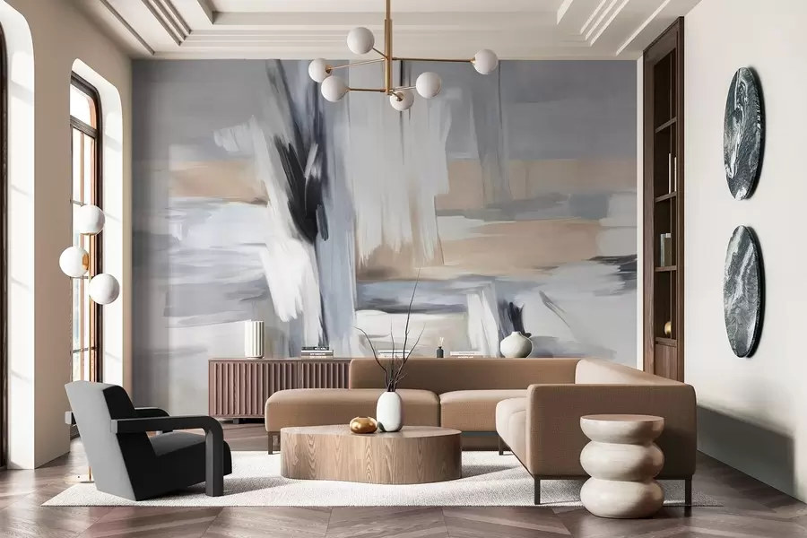 fototapeter Abstrakt teksturert malestil med penselstrøk i nyanser av hvitt, grått og beige w09651