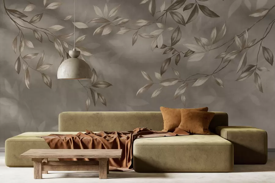 fototapeter Delikate bladrike grener i beige toner på en lys bakgrunn w05113v2