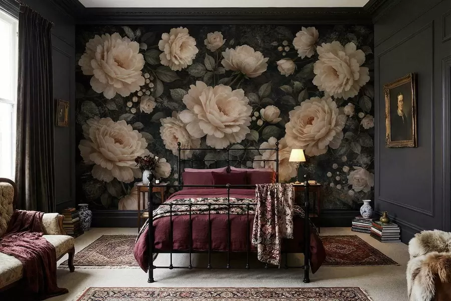fototapeter Voluminøse blomster i beige farger på mørk bakgrunn w05114
