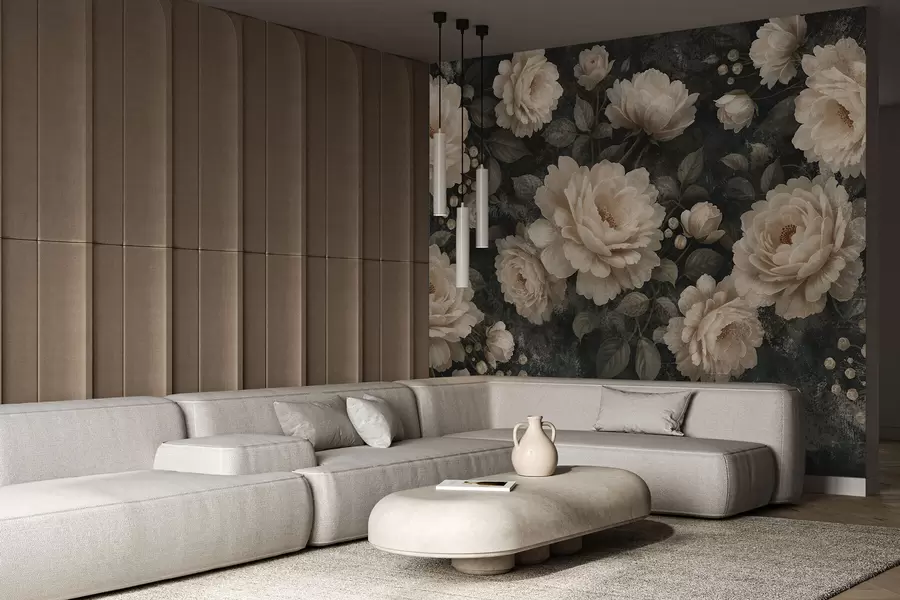 fototapeter Voluminøse blomster i beige farger på mørk bakgrunn w05114