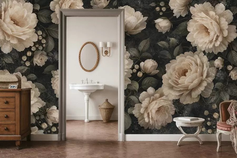 fototapeter Voluminøse blomster i beige farger på mørk bakgrunn w05114