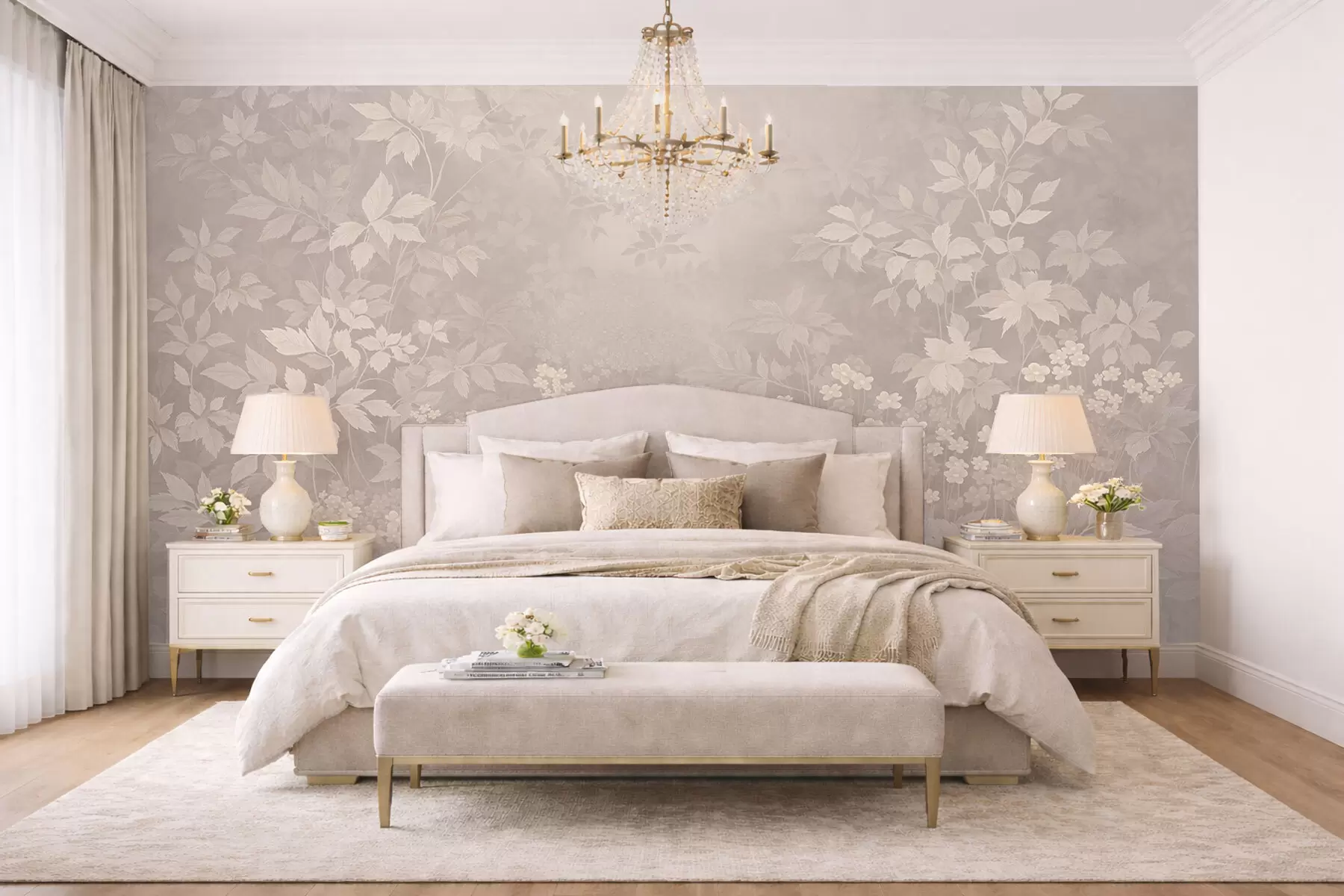 fototapeter Lett botanisk ornament med blader og små blomster w05115