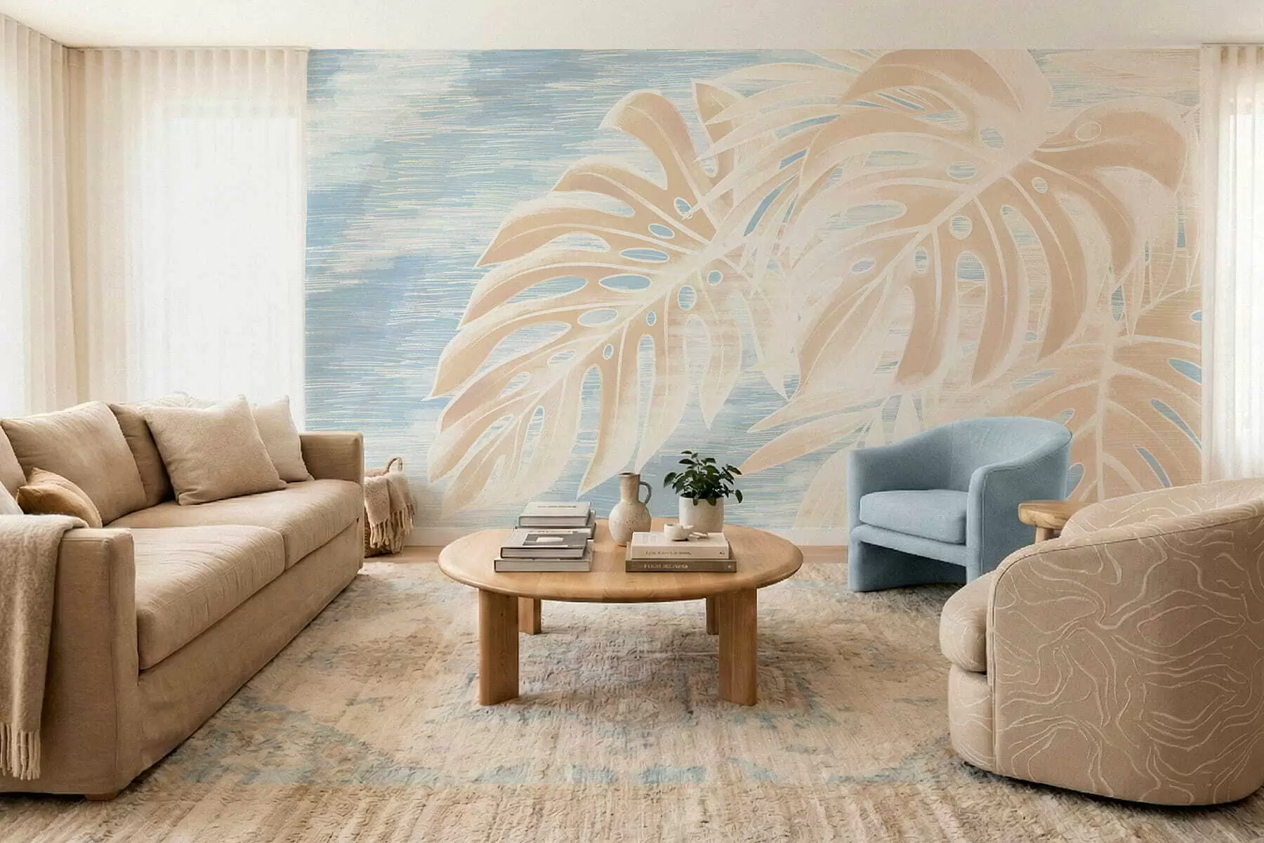 fototapeter Abstrakte blader i varme beige toner på en lys bakgrunn w05130