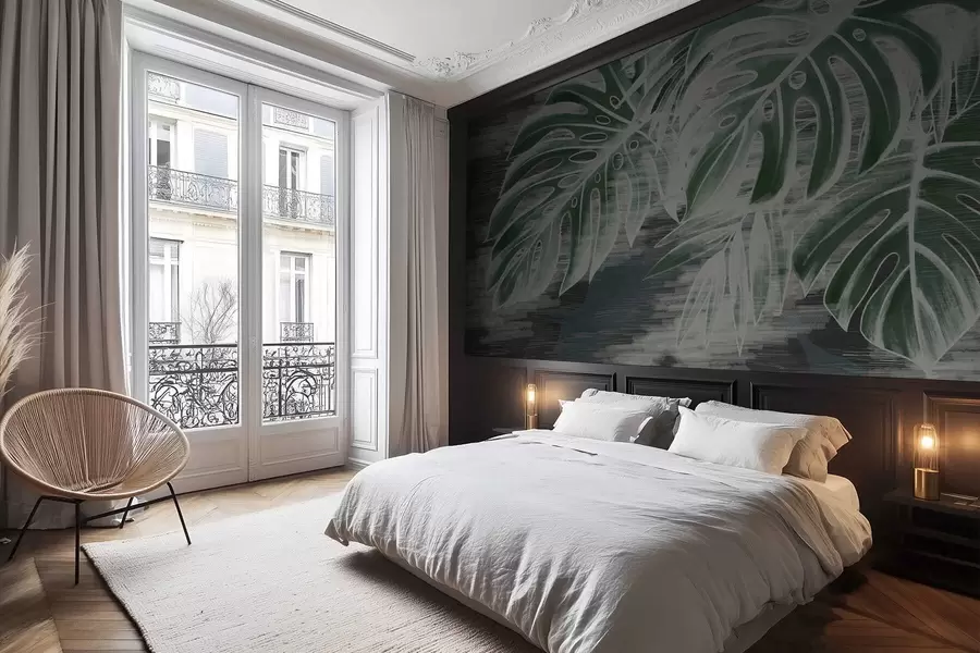 fototapeter Mørkegrønne blader på en strukturert mørk bakgrunn w05130v4