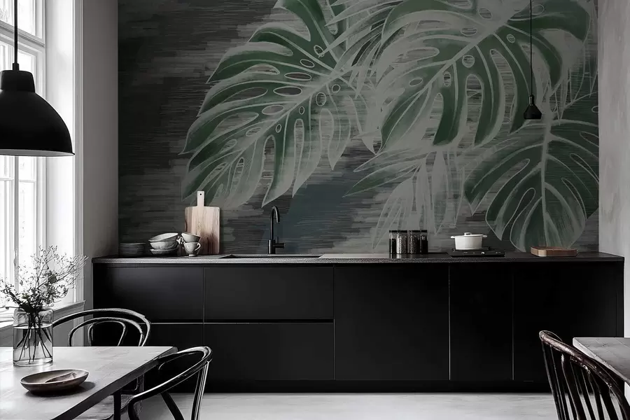 fototapeter Mørkegrønne blader på en strukturert mørk bakgrunn w05130v4