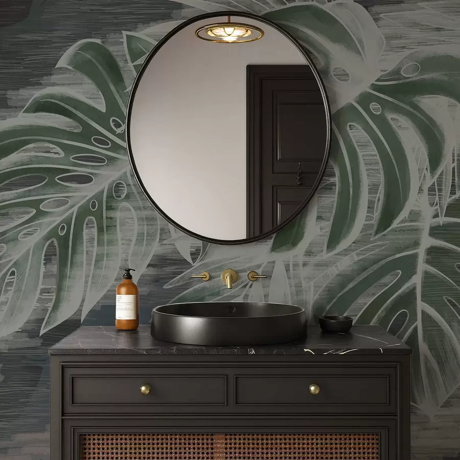 fototapeter Mørkegrønne blader på en strukturert mørk bakgrunn w05130v4