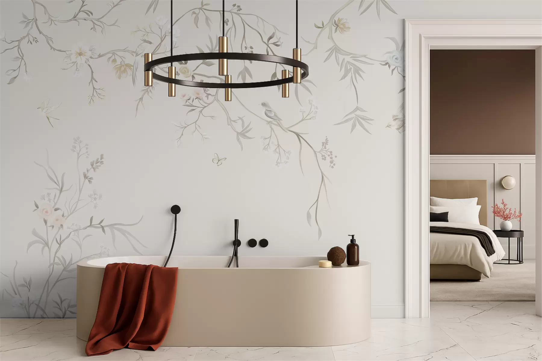 fototapeter Delikate blomster og fugler på en krittbakgrunn w05127