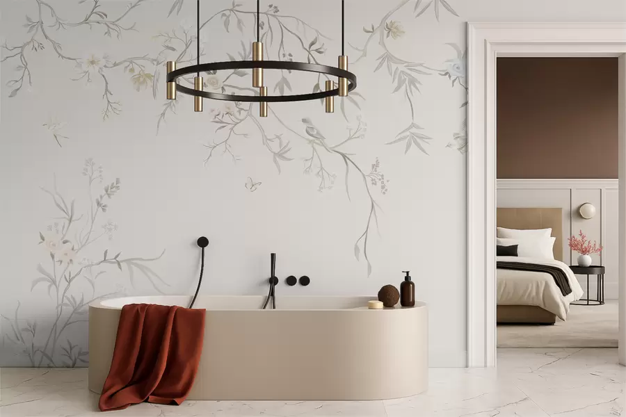 fototapeter Delikate blomster og fugler på en krittbakgrunn w05127