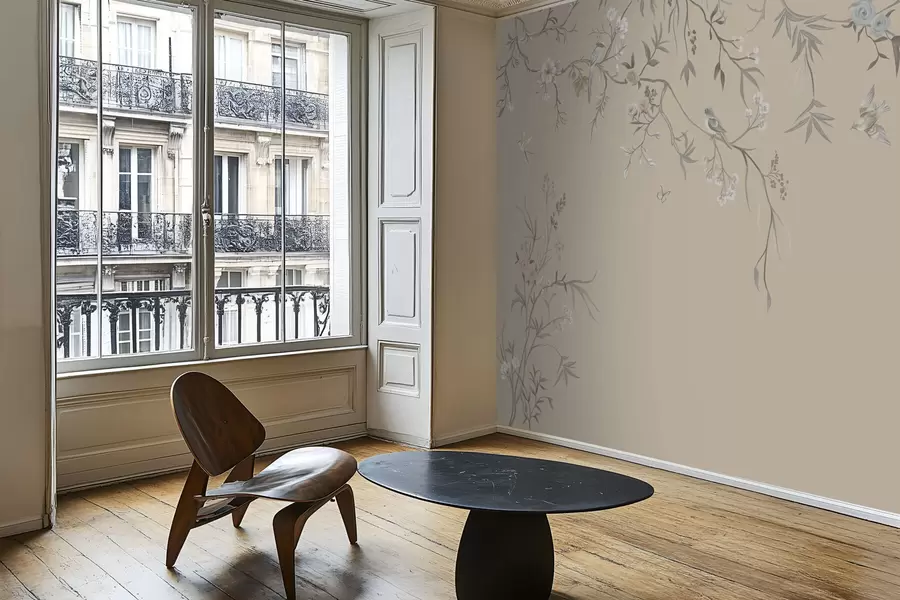 fototapeter Blomstergrener med fugler på varm beige bakgrunn w05127v1