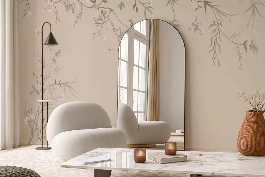 fototapeter Blomstergrener med fugler på varm beige bakgrunn w05127v1