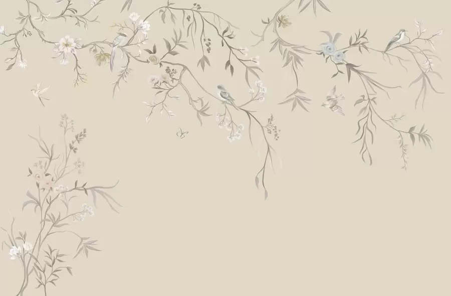 fototapeter Lyse blomster og fugler på pastellbakgrunn w05127v2