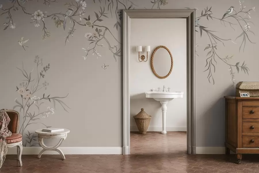 fototapeter Blomsterornament med fugler på nøytral bakgrunn w05127v3