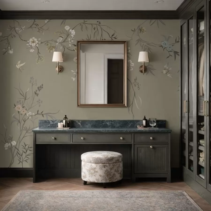 fototapeter Blomstermotiv med fugler på grå bakgrunn w05127v4