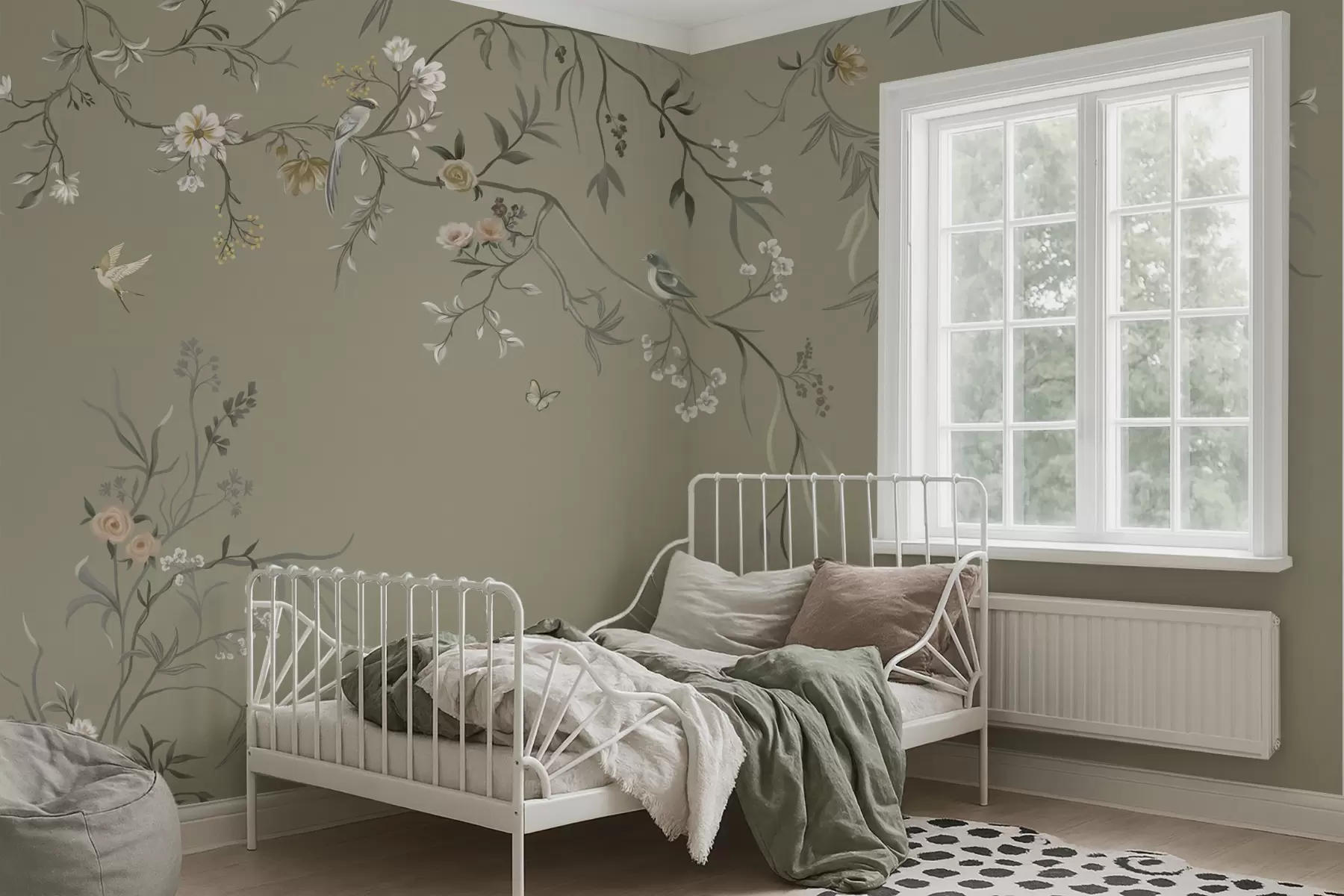 fototapeter Blomstermotiv med fugler på grå bakgrunn w05127v4