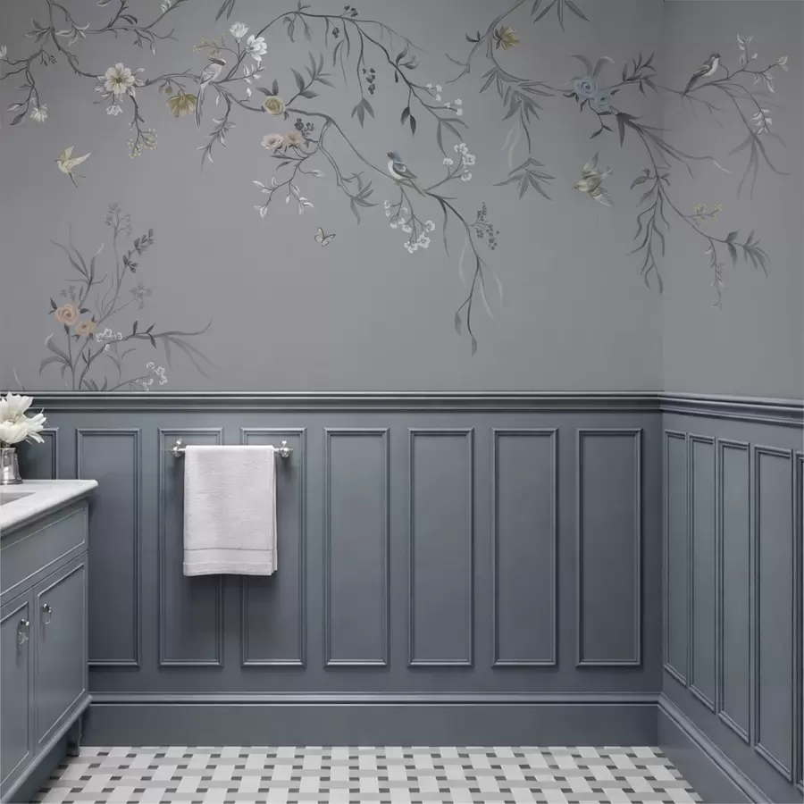 fototapeter Blomstergrener med fugler på grønnaktig bakgrunn w05127v5