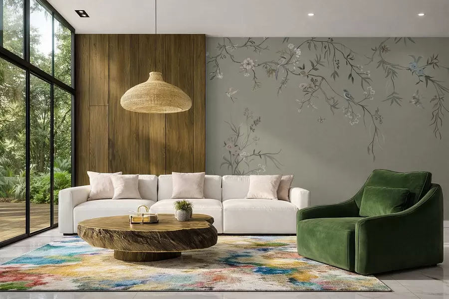 fototapeter Blomstermønster med fugler på kul bakgrunn w05127v6