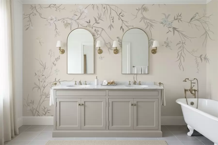 fototapeter Blomstergrener med fugler på lys bakgrunn w05127v7