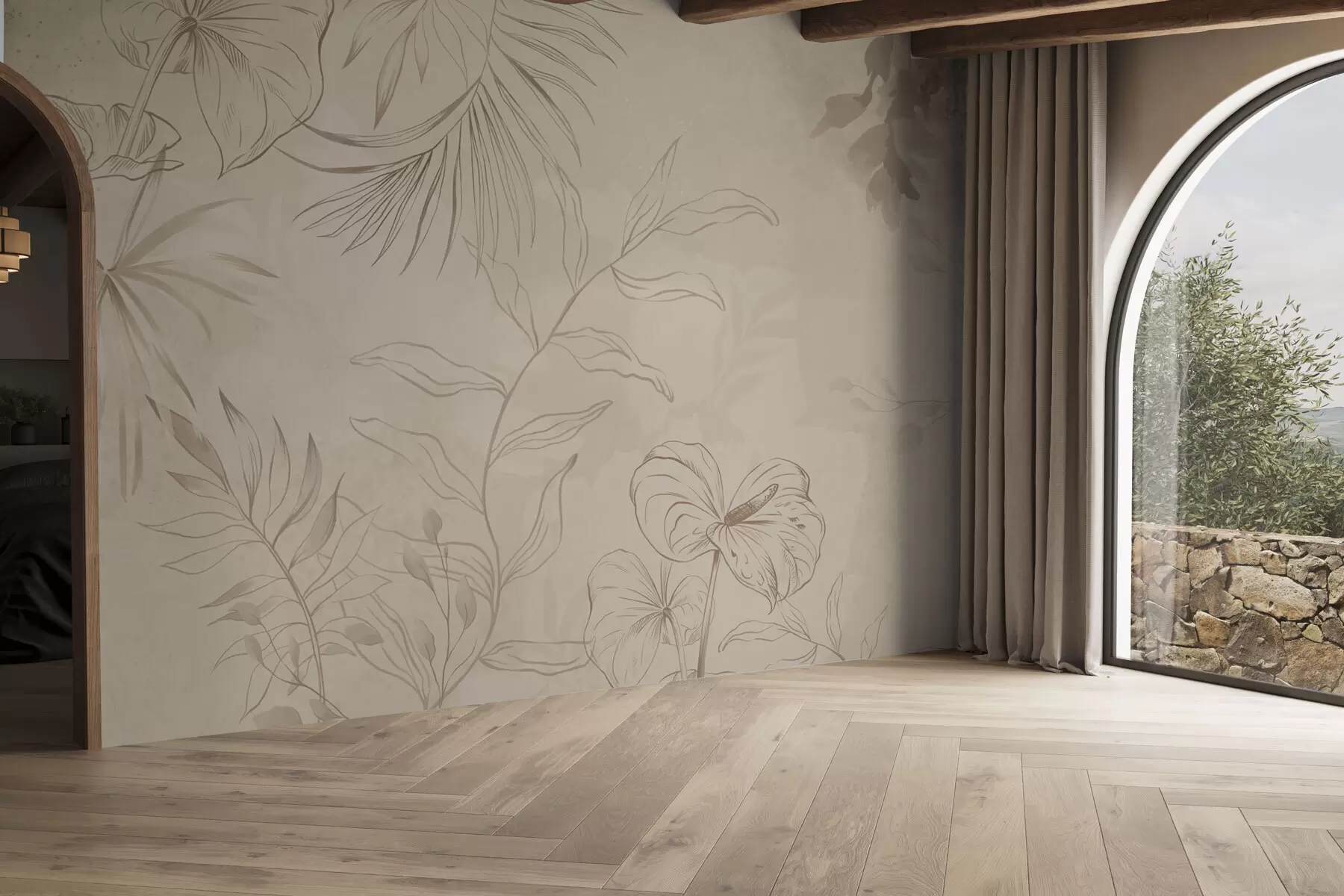 fototapeter Lineære planter på strukturert beige bakgrunn w05128