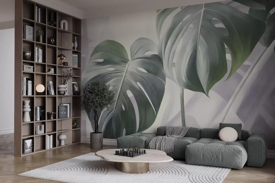 fototapeter Teksturerte monstera-blader, store og grønne, mot en myk, lys abstrakt bakgrunn w09477