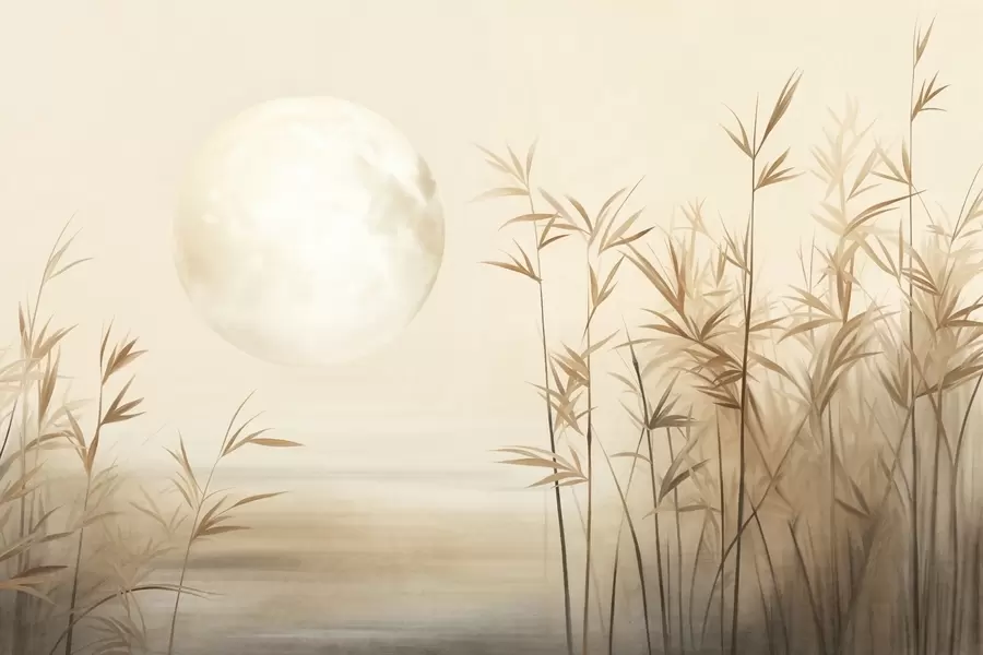 fototapeter Teksturert landskap med høye siv, innsjø og blek måne i en disig himmel w09631