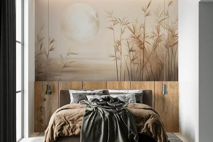 fototapeter Teksturert landskap med høye siv, innsjø og blek måne i en disig himmel w09631