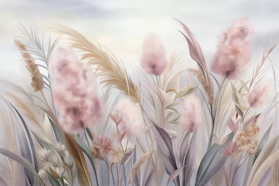 fototapeter Rosa og beige pampasgress og andre tørkede blomster med en myk, disig himmel i bakgrunnen w09635