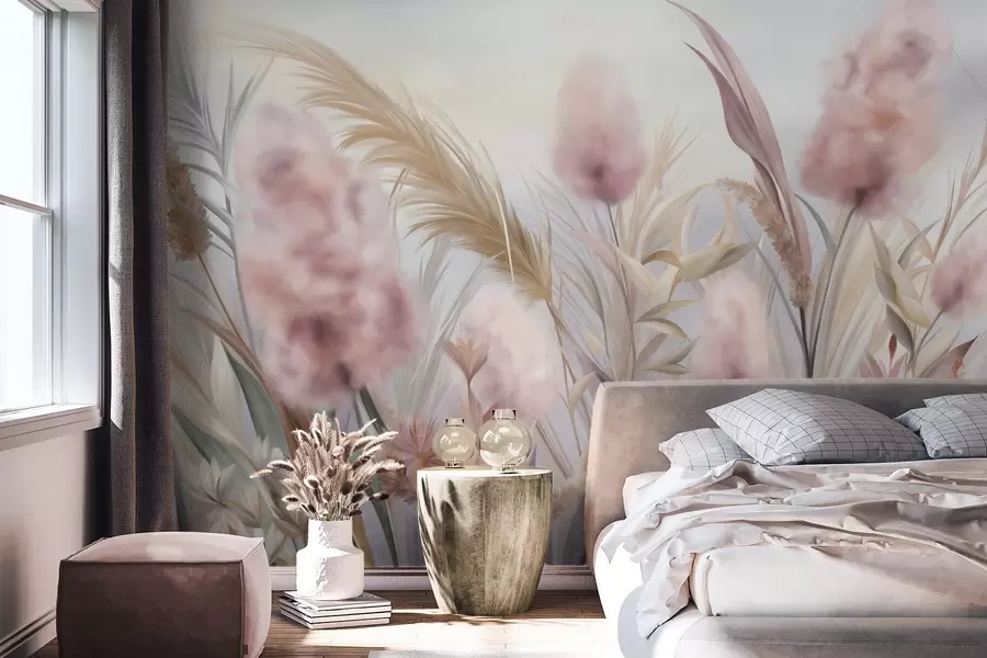 fototapeter Rosa og beige pampasgress og andre tørkede blomster med en myk, disig himmel i bakgrunnen w09635