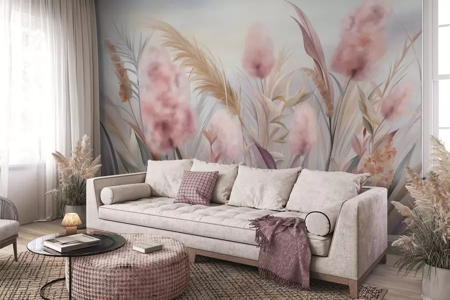 fototapeter Rosa og beige pampasgress og andre tørkede blomster med en myk, disig himmel i bakgrunnen w09635