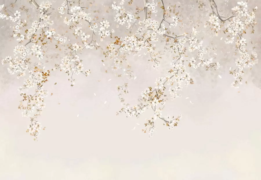 fototapeter Grener med hvite blomster på en myk beige bakgrunn w05129
