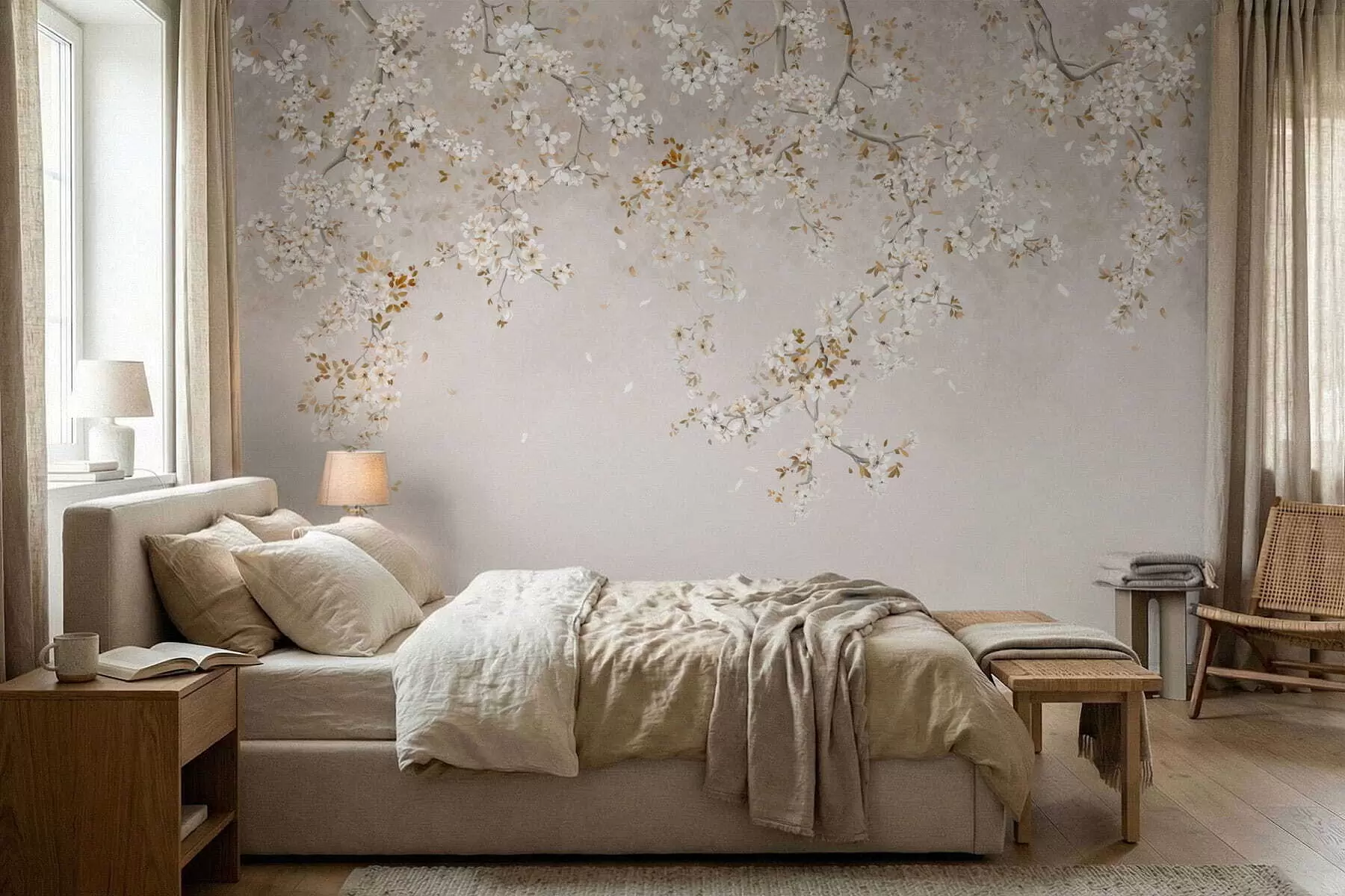 fototapeter Grener med hvite blomster på en myk beige bakgrunn w05129