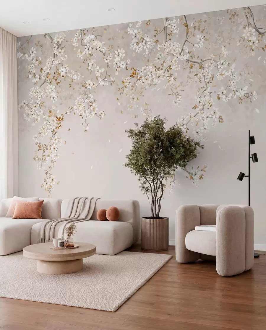 fototapeter Grener med hvite blomster på en myk beige bakgrunn w05129