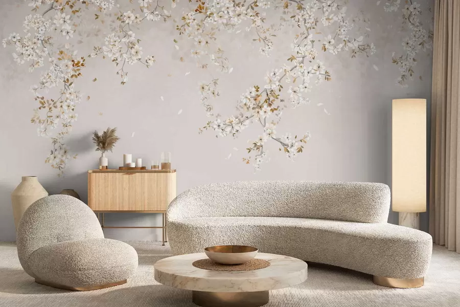 fototapeter Grener med hvite blomster på en myk beige bakgrunn w05129
