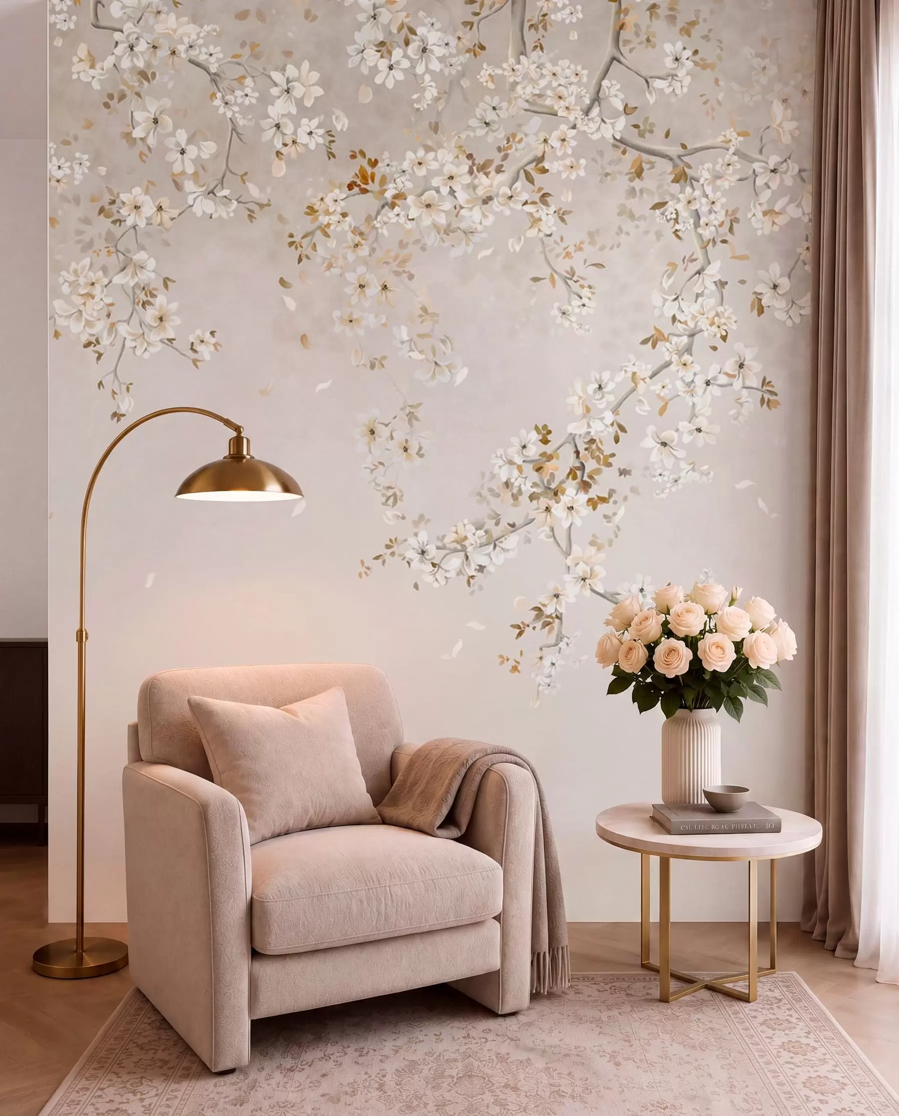 fototapeter Grener med hvite blomster på en myk beige bakgrunn w05129