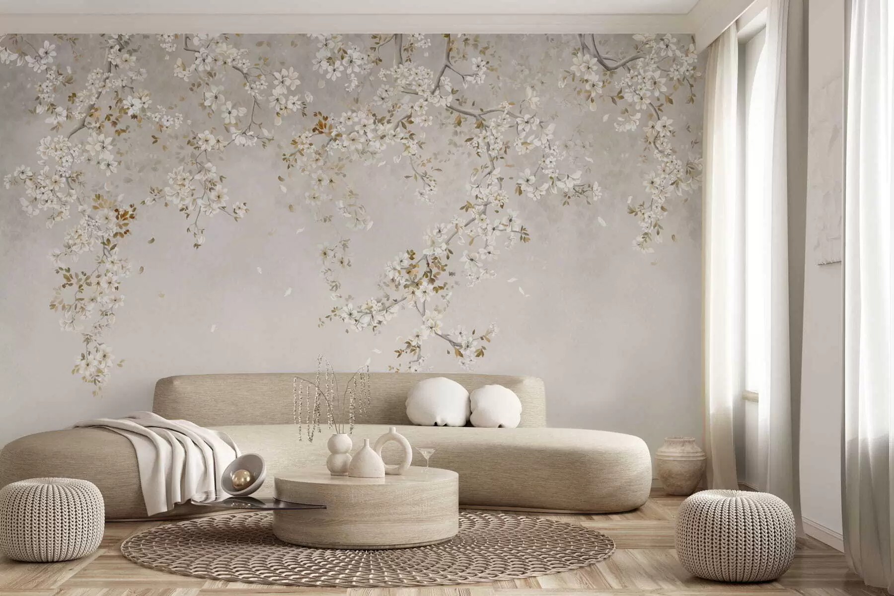 fototapeter Grener med hvite blomster på en myk beige bakgrunn w05129
